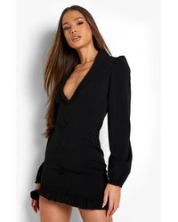 Boohoo Frill Detail Long Sleeve Blazer Dress - Black