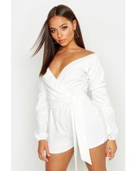 Boohoo Off The Shoulder Puff Sleeve Playsuit - White