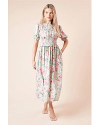 Dorothy Perkins - Floral Shirred Bodice Puff Sleeve Midi Dress - Lyst
