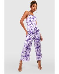 Boohoo - Strappy Back Satin Printed Culotte Jumpsuit - Lyst