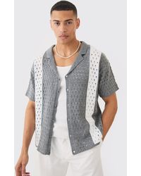 Boohoo - Oversized Boxy Open Stitch Stripe Knit Shirt In Charcoal - Lyst