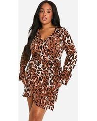 Boohoo - Plus Print Wrap Shirt Dress - Lyst