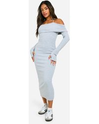 Boohoo - Wide Rib Bardot Tie Midaxi Dress - Lyst