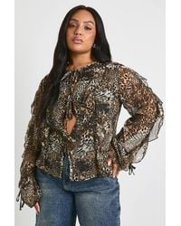 Boohoo - Plus Ruffle Tie Front Leopard Blouse - Lyst