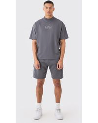 BoohooMAN - Oversized Extended Neck T-shirt And Cargo Short Set - Lyst