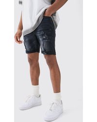 BoohooMAN - Skinny Stretch Distressed Denim Shorts In Washed Black - Lyst