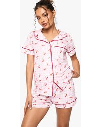 Boohoo - Cherry Print Gingham Piping Detail Short Sleeve Shirt & Shorts Pyjama Set - Lyst