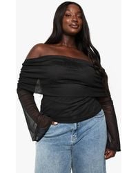 Boohoo - Plus Mesh Bardot Long Sleeve Top - Lyst