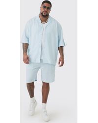 Boohoo - Plus Drop Revere Linen Shirt & Short Set In Light Blue - Lyst