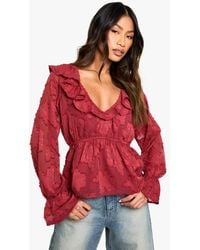 Boohoo - Burnout Floral Ruffle Neck And Cuff Blouse - Lyst