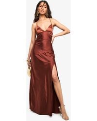 Boohoo Lace Trim Satin Slip Dress in Brown