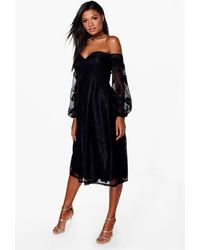 Boohoo Womens Boutique Lace Bardot Long Sleeved Dress - Black