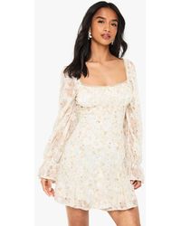 Boohoo - Petite Chiffon Jaquard Floral Angel Sleeve Mini Dress - Lyst