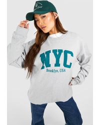 Boohoo - Nyc Slogan Printed Varsity Oversized Sweatshirt - Lyst