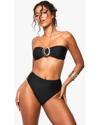 Boohoo - Trim Detail Bandeau Bikini Top & High Waist Bikini Bottoms Set - Lyst