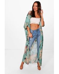 Boohoo Oriental Floral Print Maxi Kimono - Green