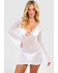 Boohoo - Crochet O-Ring Plunge Beach Mini Dress - Lyst