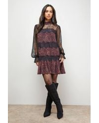 Oasis - Printed Lace Tiered High Neck Balloon Sleeve Mini Dress - Lyst
