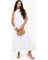 Boohoo - Cotton Poplin High Neck Tiered Smock Dress - Lyst