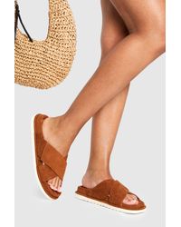 Boohoo - Faux Suede Cross Strap Footbed Sliders - Lyst
