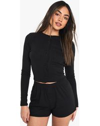 Boohoo - Loungewear Soft Rib Long Sleeve Button Through Top & Shorts Set - Lyst