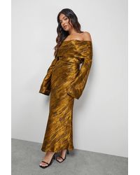 Warehouse - Petite Shimmer Satin Foldover Bardot Bias Midi Dress - Lyst