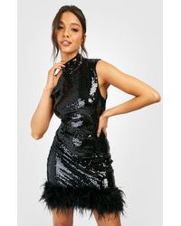 Boohoo - Sequin High Neck Feather Detail Party Dress - Lyst