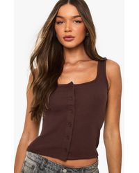 Boohoo - Rib Button Through Square Neck Top - Lyst