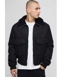 Boohoo - Regular Fit Boucle Borg Collar Nylon Bomber Jacket - Lyst