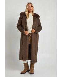 Boohoo - Faux Fur Trim Oversized Double Breasted Wool Look Coat - Lyst
