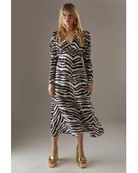 Warehouse - Zebra Viscose V Neck Long Puff Sleeve Midi Dress - Lyst