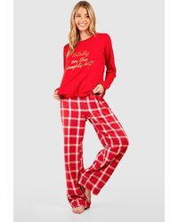 Boohoo - Naughty List Pajama Long Sleeve T-shirt & Flannel Pants Set - Lyst