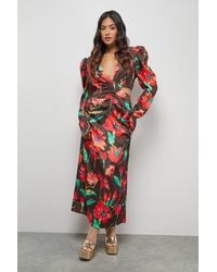 Warehouse - Petite Satin Cut Out Waist Plunge Neck Midi Dress - Lyst