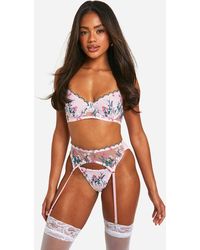 Boohoo - Floral Embroidered Bra, Thong And Suspender Set - Lyst