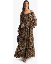 Boohoo - Leopard Chiffon Cold Shoulder Ruffle Maxi Dress - Lyst