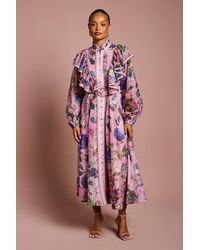 Coast - Petite Printed Midi Dress With Organza Trim - Lyst