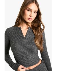 Boohoo - Brushed Chunky Rib Button Detail Crew Neck Top - Lyst