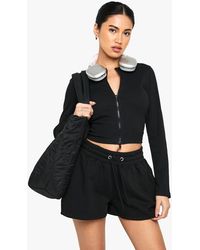 Boohoo - Double Zip Long Sleeve Rib Top And Short Tracksuit - Lyst
