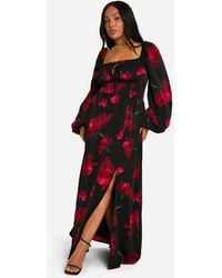 Boohoo - Plus Ditsy Balloon Sleeve Milkmaid Maxi Dress - Lyst