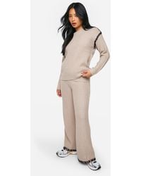 Boohoo - Conjunto Petite Premium De Punto Grueso De Pantalón Y Jersey Con Ribete En Contraste - Lyst