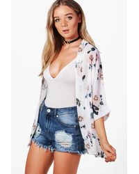 Boohoo Rose Print Chiffon Kimono - White