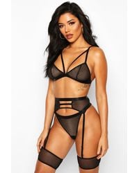Boohoo Mesh Strapping Bralet Thong & Suspender Set - Black
