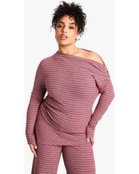 Boohoo - Top Plus De Manga Larga Con Escote Barco Y Estampado De Rayas - Lyst