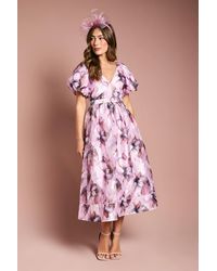 Coast - Short Puff Sleeve Jacquard Midi Dress With Belt - Lyst