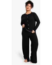 Boohoo - Plus Rib Contrast Button Rib Top & Trouser Pj Set - Lyst