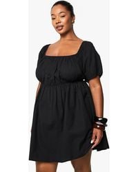Boohoo - Plus Linen Tie Back Puff Sleeve Smock Mini Dress - Lyst