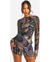Boohoo - Crinkle Feather Printed Mesh Scoop Back Flare Sleeve Mini Dress - Lyst