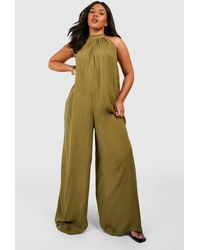 Boohoo - Plus Cheesecloth Halter Neck Wide Leg Jumpsuit - Lyst