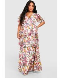 Boohoo - Plus Woven Floral Print Angel Sleeve Tiered Maxi Dress - Lyst