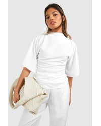 Boohoo - Jersey Knit Crepe High Neck Flared Sleeve Blouse - Lyst